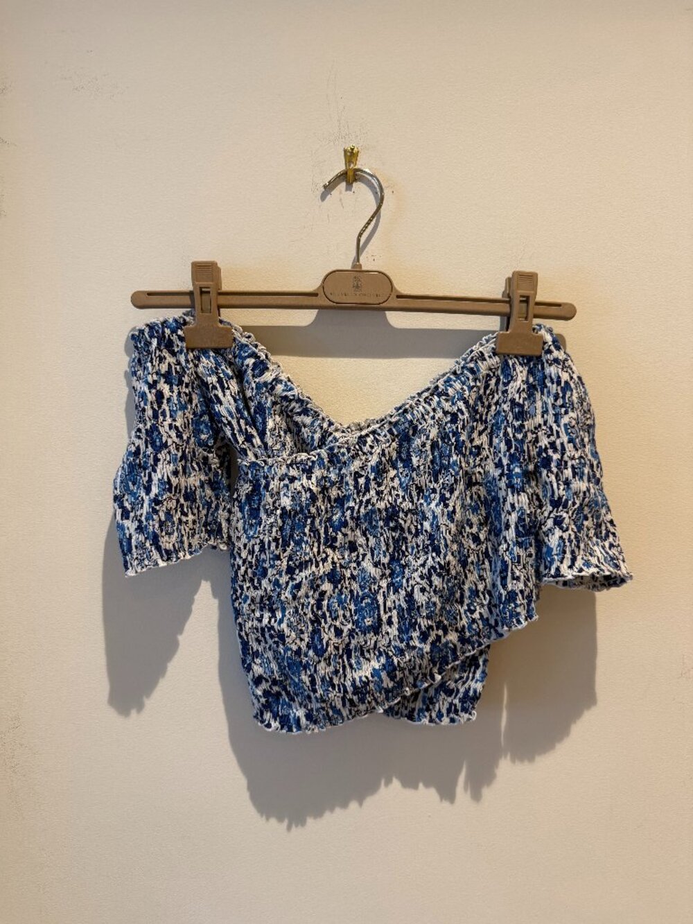 Poupette St Barth Off the Shoulder Smocked Cross Front Crop Top One Size